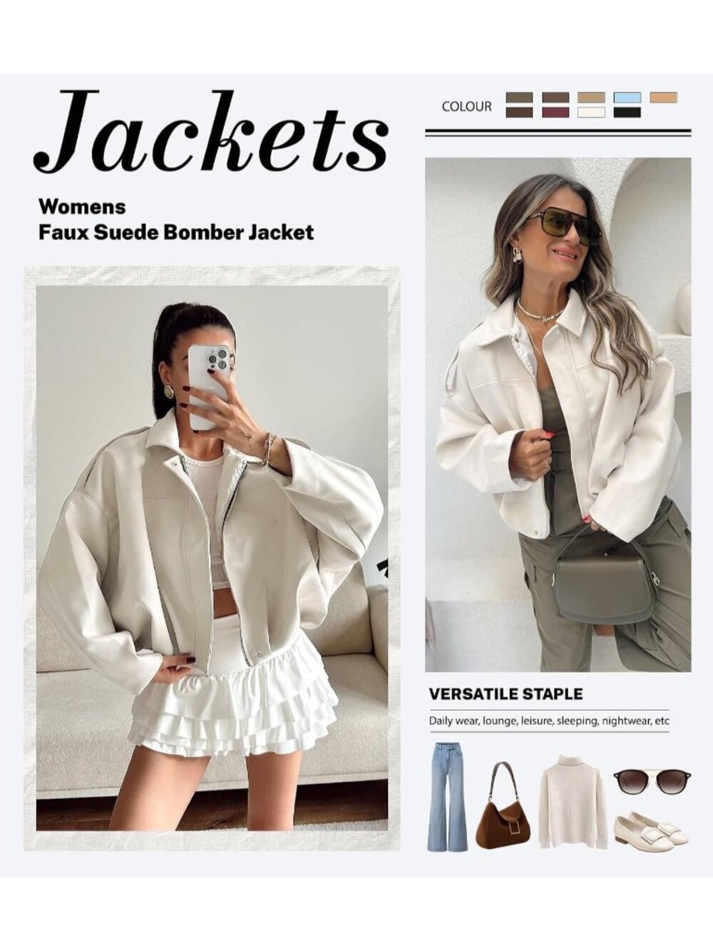 Women's Beige Faux Suede Oversized Collar Cropped Batwing Sleeves Bomber Jacket - Picture 4 of 5